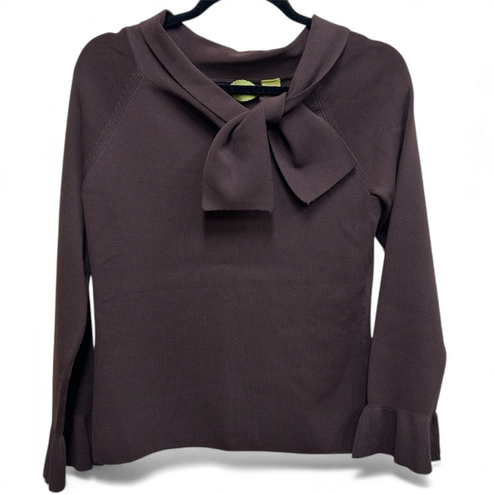 Prime Bella Elegant Brown Women's Blouse with Bow Accent Size M